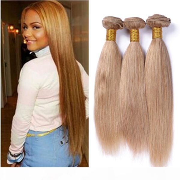 

#27 honey blonde malaysian human hair 3bundles 3 pcs lot strawberry blonde hair weaving with 4x4 lace closure silky straight, Black;brown