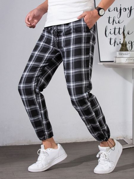 

men drawstring hem plaid pants s19u#, Black