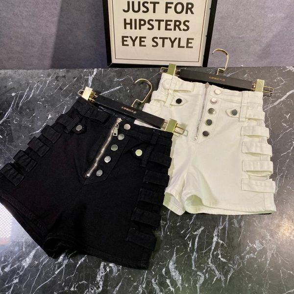 

2020 summer new side hollow bandage shorts stretch high waist denim shorts1, White;black
