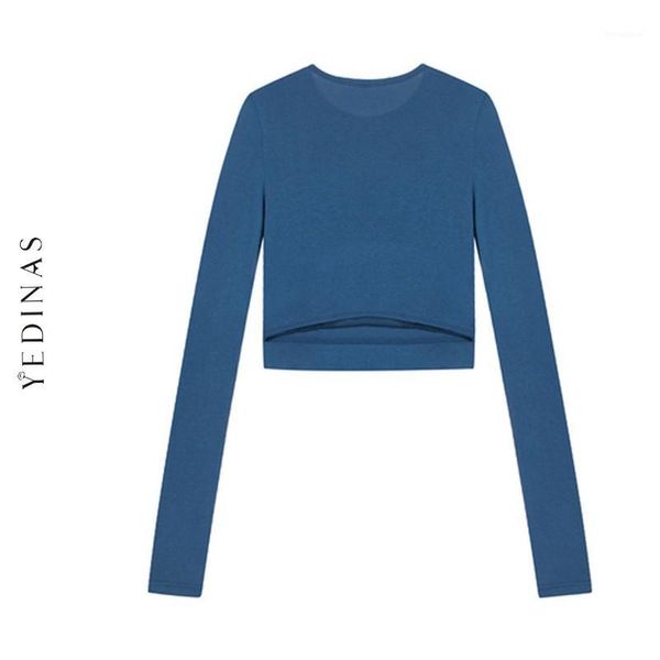 

yedinas crop 2020 slim black t shirt long sleeve women casual o neck hollow out harajuku tee shirt femme korean sty;e1, White