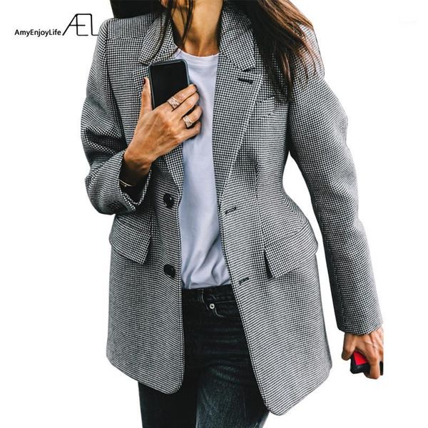 

ael plaid women's blazer long sleeve lapel collar pocket slim female coat spring office lady fashion clothin1, White;black