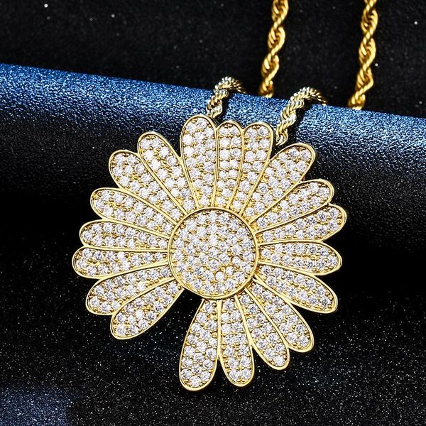 

hip hop pave full with cz cubic zirconia bling iced out small daisies plant pendants necklace for women men charm jewelry, Silver