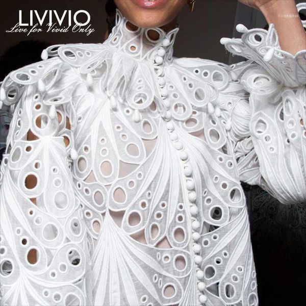 

[livivio] vintage hollow out lace ruffled shirts female stand neck flare long sleeve irregular blouse women fashion clothing new11, White