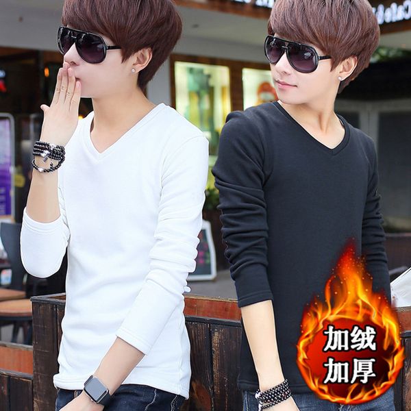 

winter plush and thick warm long sleeve t-shirt upper garment korean slim v-neck autumn men's undergarment, White;black