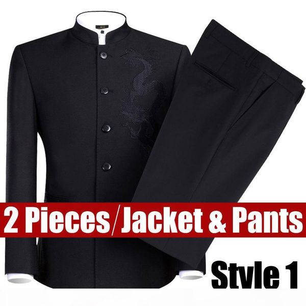 

black chinese tunic men's traditional stand collar suits apec leader costume male embroidery dragon totem suit big size 4xl c18122501, White;black