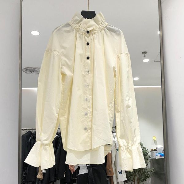 

deat 2020 autumn women new fashion stand collar flare long sleeve office lady single breasted beige irregular shirt rd5081, White