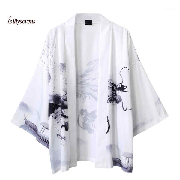 

men's casual shirts kimono traditional men women loose cloak seven-quarter sleeve cardigan sunscreen clothes japanese yukata asian clot, White;black