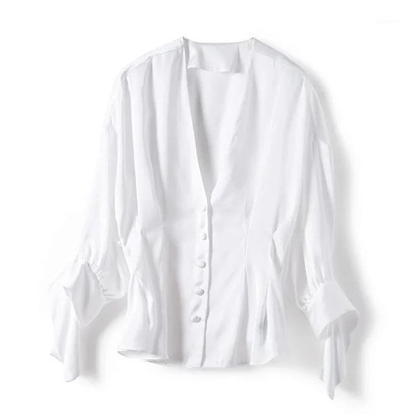 

women shirt v-neck shirt two-color bubble sleeve ruffled, White