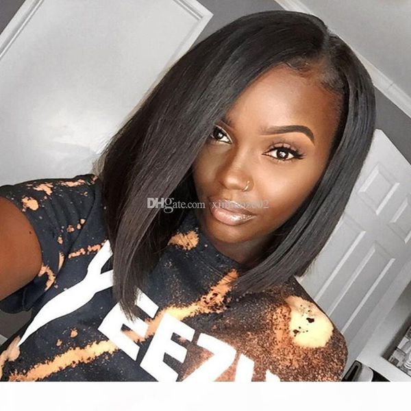 

front lace human hair wigs for black women brazilian short straight wig natural short bob glueless lace front human hair wigs, Black;brown