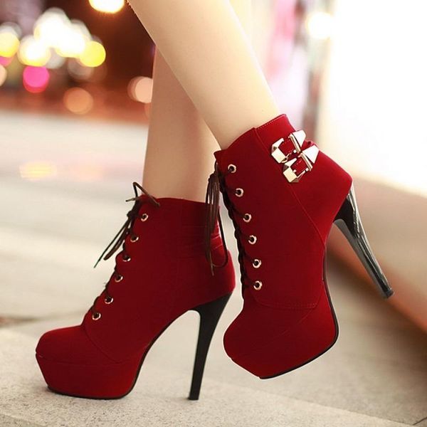

aiweiyi high каблуки лодыжки boots round toe пряжка martin boots зашнуровать обувь каблуки шпильки высокие красные дамы свадебные туфли, Black