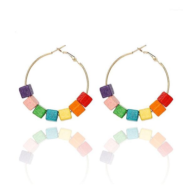 

limited edition candy-colored wooden round pendant earrings women stainless steel hoop earrings fashion party jewelry gift girl1, Silver