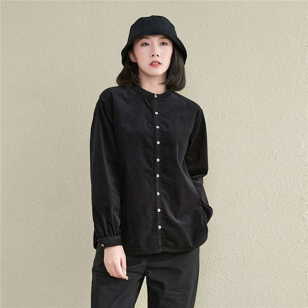 

autumn 2020 old literature and art three season black cotton corduroy round stand up collar single breasted loose shirt, White