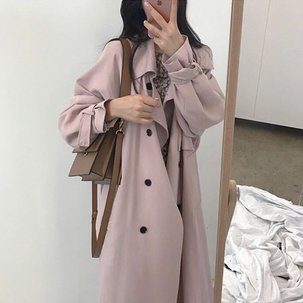 

women's windbreaker mid-length 2020 autumn new korean loose solid color casual double-breasted cherry blossom pink coat, Tan;black