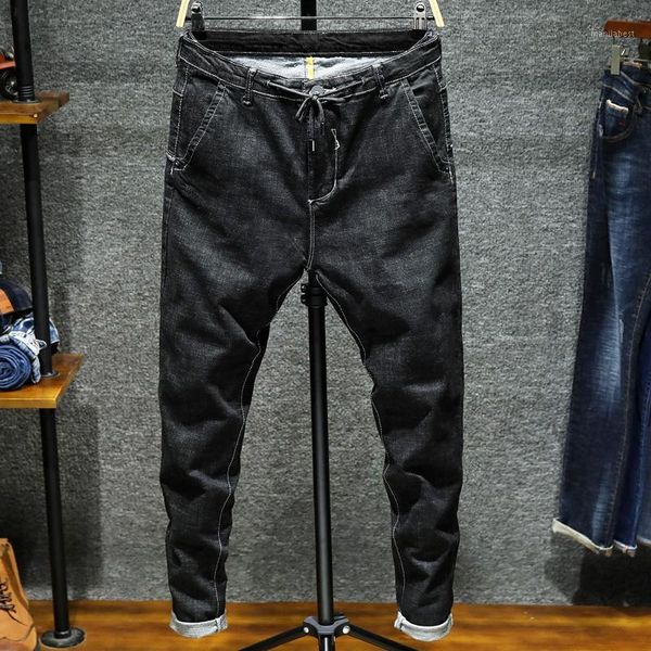 

jeans long men 2020 new spring lacing men's solid jeans male casual drawstring straight denim pant big size 36 38 40 #8121, Blue