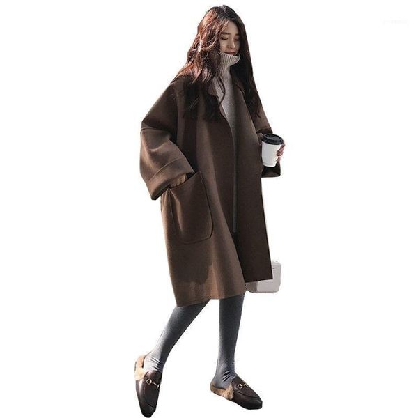 

woolen coat women's autumn and winter new medium and long large cloaks1, Tan;black