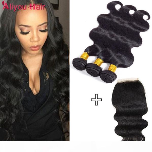 

brazilian virgin hair bundles remy human hair weaves closure 3 pieces hair wefts with closure body wave wet and wavy new arrival, Black;brown
