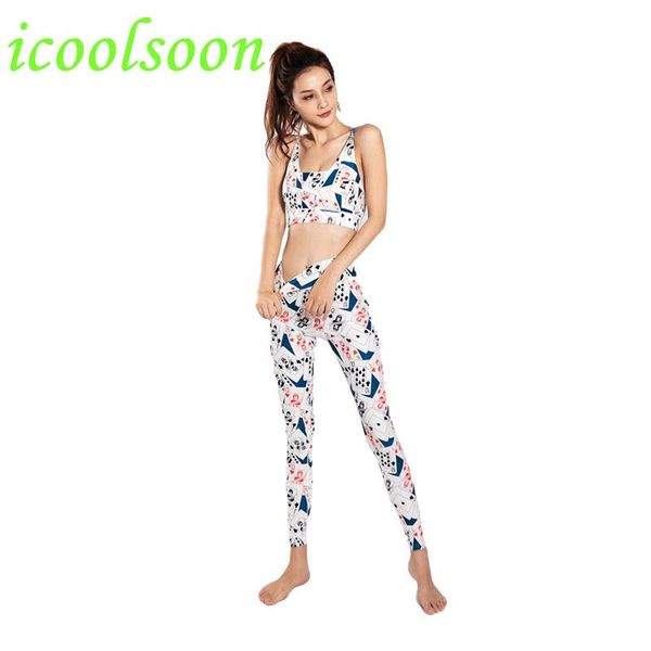 

yoga outfits icoolsoon trendy women's digital print suit skinny sleeveless summer sports gym clothing 2 piece set shorts work out leggi, White;red