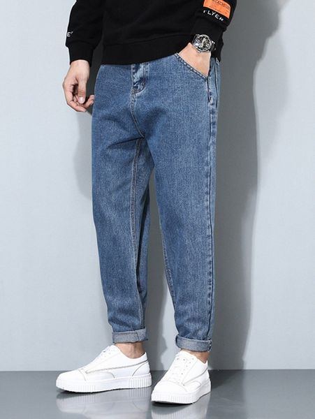 

men solid slant pocket tapered jeans m7oo#, Blue