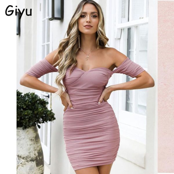 

casual dresses giyu mesh summer dress women 2021 off shoulder backless club party mini elegant slash neck ruched bodycon vestidos1, Black;gray