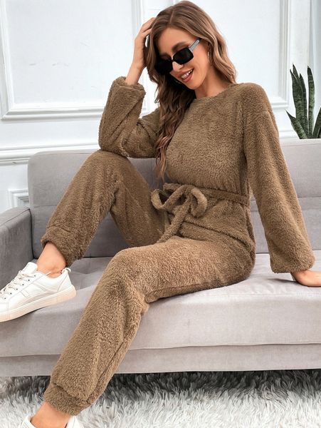 

drop shoulder belted flannel jumpsuit w39w#, White