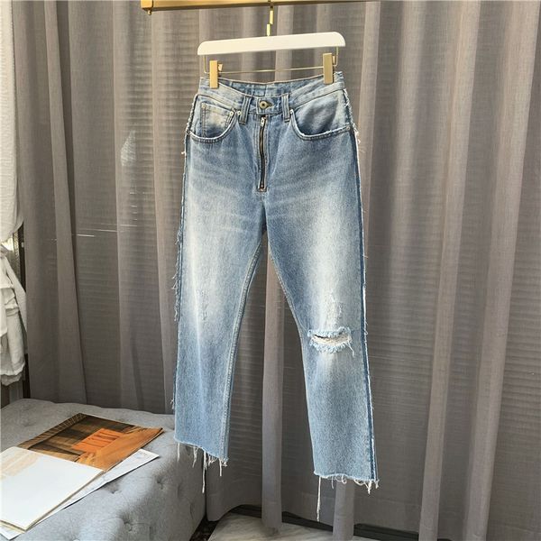 

women's ankle-length jeans frayed hem high waist female pencil denim pants, Blue