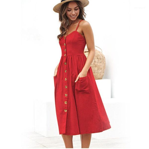 

casual sundress female beach dress midi button backless solid dress 2021 spaghetti strap v-neck off shoulder women vestidos1, Black;gray
