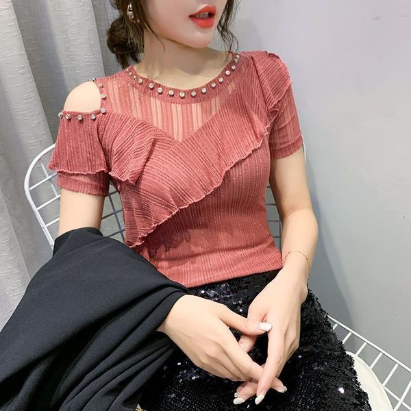 

summer fashion korean clothes t-shirt off shoulder ruffles diamonds women ropa mujer short sleeve tees 2020 new t03503, White