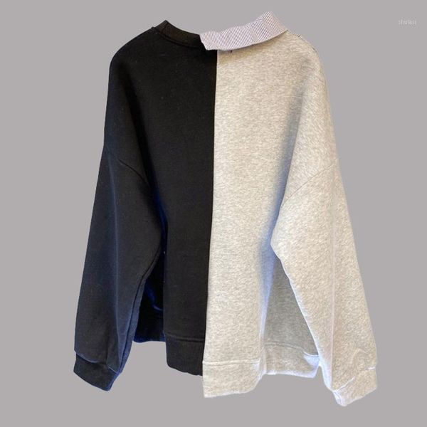 

korean version japanese hoodie fashion casual autumn winter contrast splicing irregular round neck long sleeve coat1, Black