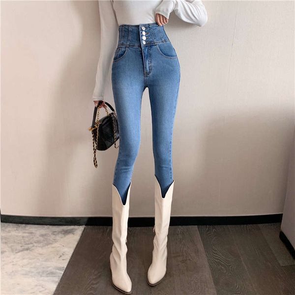 

new ins fleece jeans tight rib waist elastic leggings, Blue