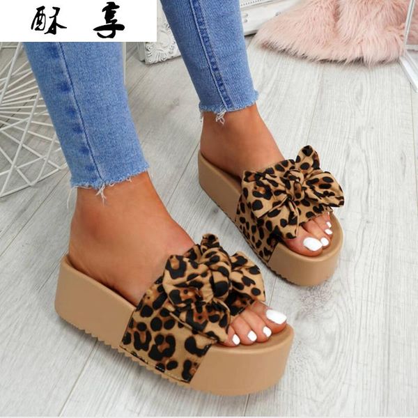 

new bowknot women sandals fashion leopard print lightweight women casual sandals platform with plus size, Black