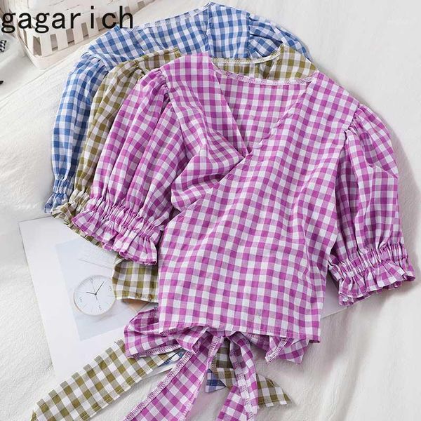 

gagarich women plaid blouse summer fashion cross straps sweet short female korean wild short sleeve students casual 1, White
