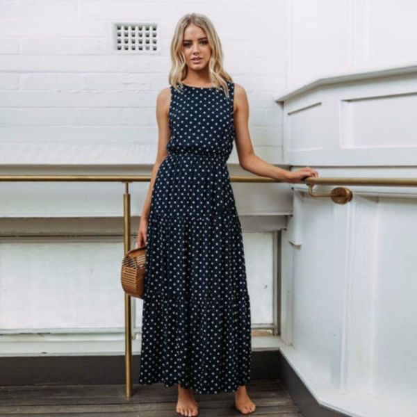 

women summer boho casual sleeveless dress homewear polka dot party beach long maxi navy dress sundress dropshipping, Black;gray