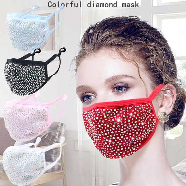 

2021 fashion dustproof face mask bling diamond protective mask pm2.5 mouth masks washable reusable women colorful rhinestones facemask