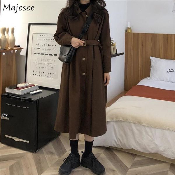 

trench coat womens a-line solid single breasted sashes thickening turn-down collar streetwear korean style trendy new loose chic, Tan;black