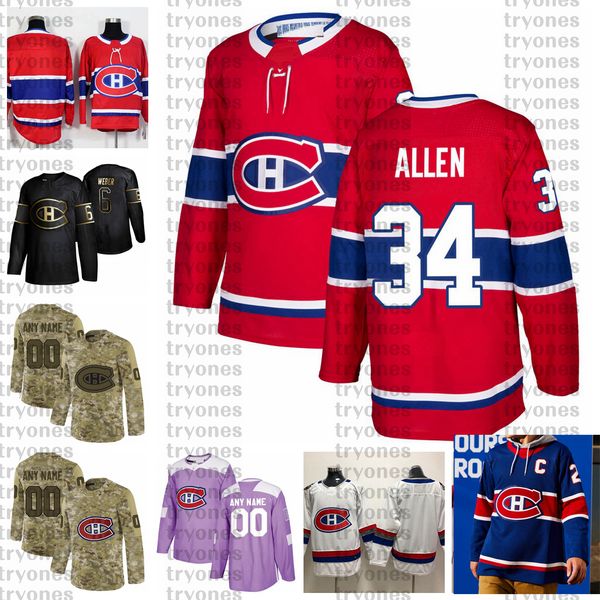 

2021 reverse retro customize #34 jake allen montreal canadiens hockey jerseys golden edition camo veterans day fights cancer custom shirt, Black;red