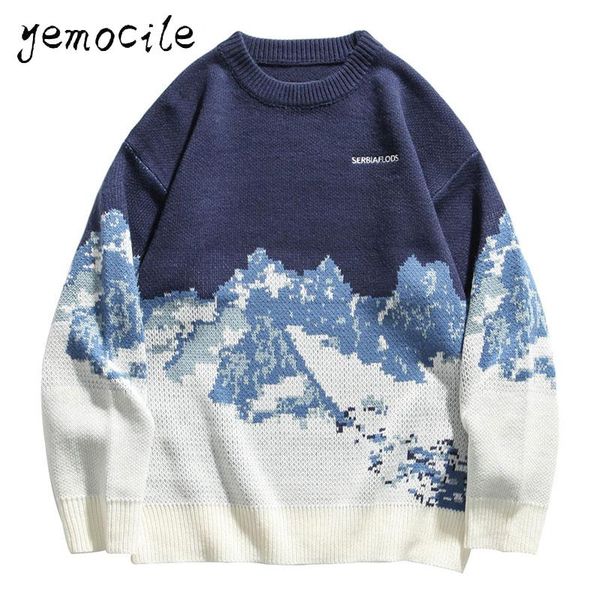 

snow mountain knitted jumper sweaters streetwear mens hip hop harajuku pullover knitwear fashion knit outwear male, White;black
