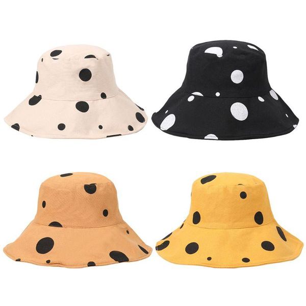 

women summer wide brim floppy bucket hat vintage irregular polka dot print sunscreen foldable cotton fisherman cap, Blue;gray