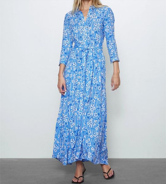 

elegant za floral spring shirt dress women 2020 long sleeve lapel front button self belt female slim maxi dresses long vestidos, Black;gray