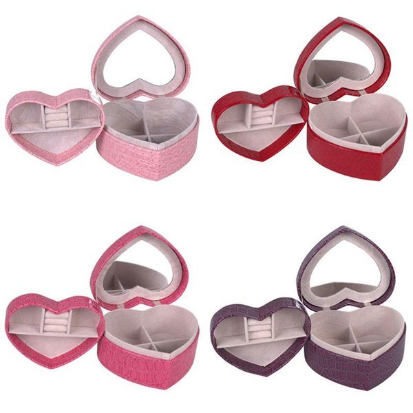 

pu heart shaped leather jewelry box double layers with mirror ring bracelet earring display storage gift box love jewellery case, Pink;blue
