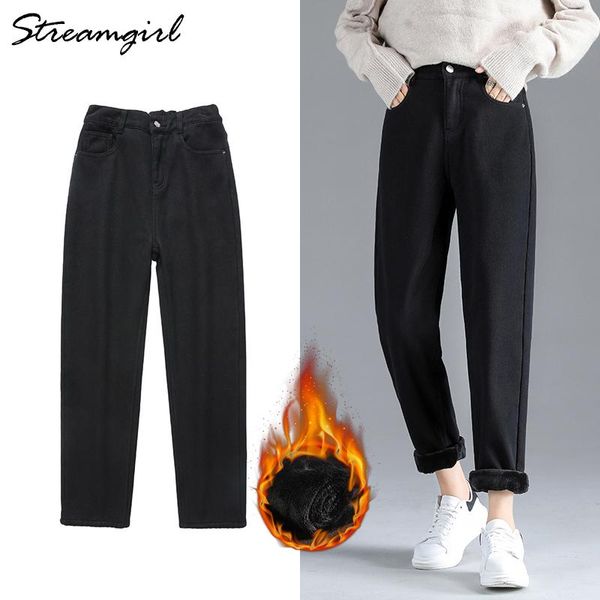 

women's jeans fleece harem for women winter velvet warm vintage mom denim pants loose high waist black boyfriends, Blue