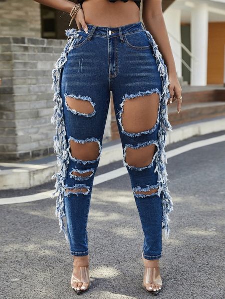 

sxy high waist ripped fringe trim jeans n3oe#, Blue