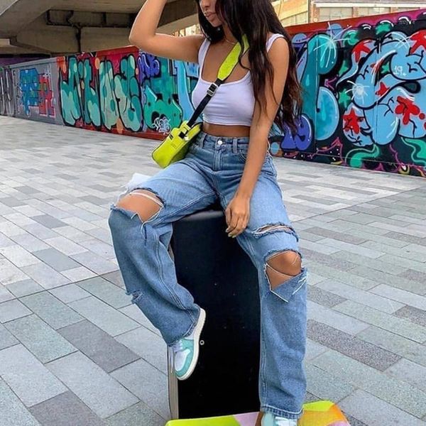 

women y2k trousers denim hole high wasit fashion loose straight wide leg jeans long casual vintage e-girl style women's pants1, Blue