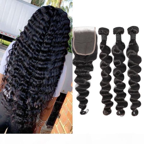 

brazilian loose deep wave 3 bundles with closure middle 3 part double weft human hair extensions dyeable human hair 100gram bundles, Black