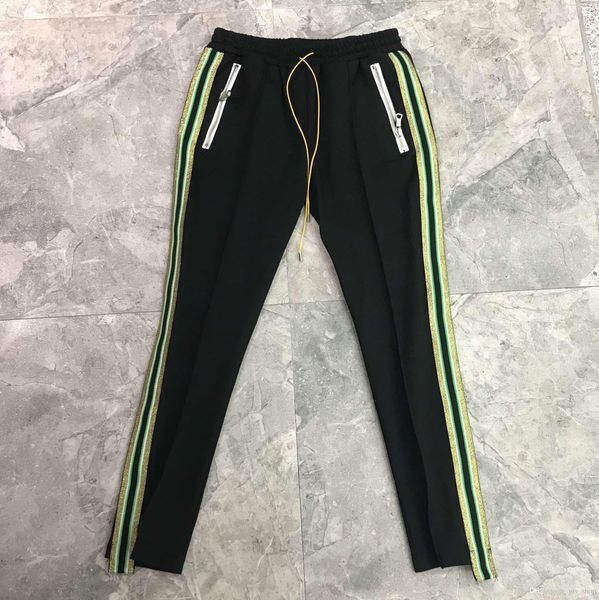 

mens hip hop athletic striped side pants casual jogger pants sportswear trousers male elastic waist solid color high street sweatpants, Black