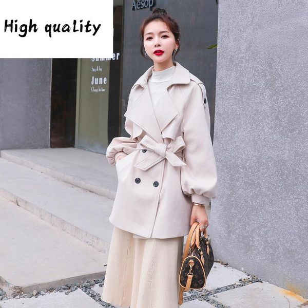 

sleeve lantern woolen coat women's 2020 winter new suit collar belt slim short fashion woolen coat, Black