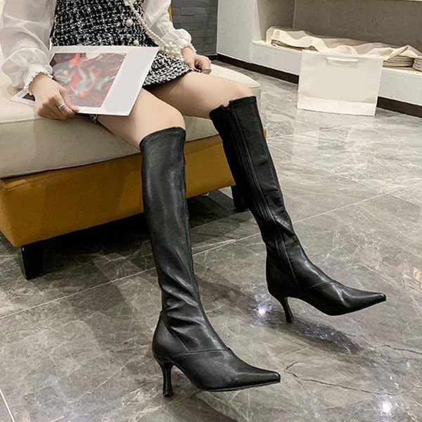 

boots zipper thigh high women's over knee boot point toe heel long stiletto, Black