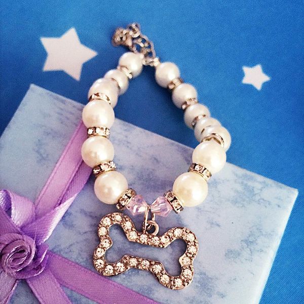 

dog apparel imitation pearl rhinestone pendants cute necklace pet collar accessories jewelry neck chain for small dogs large cats