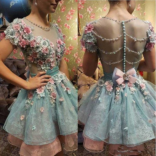 Abiti corti da ritorno a casa con applicazioni floreali 3D Dolce 16 maniche con cristalli Perline Fiori Abito da ballo Plus Size Abiti da sera convenzionali sexy Cocktail