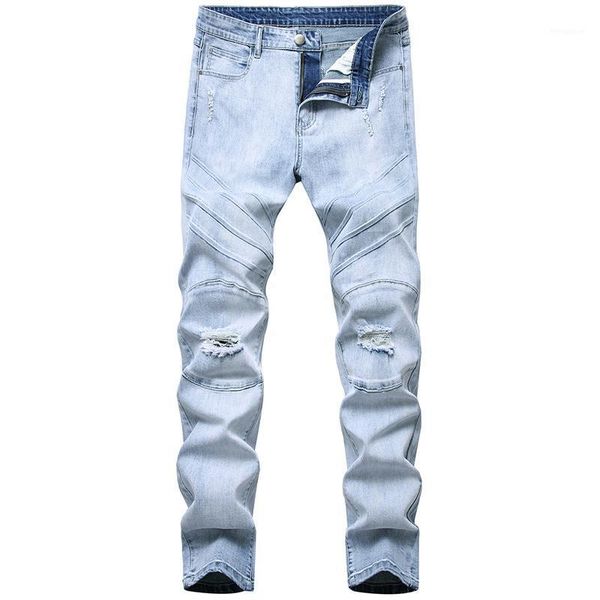 

hole damage men jeans torn rubber stretch slim-fit trousers light blue motorcycle jeans direct sale new men knee1