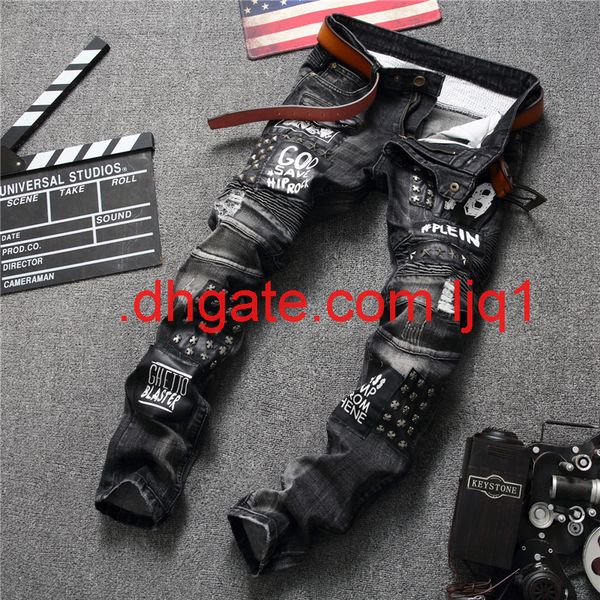 

design new style fashion trendy men's jeans stitching black trendy pants 550-4, Blue